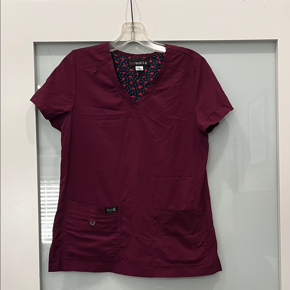 Koi Women's Short Sleeve Scrub Burgundy Top, Size Small